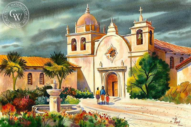 Carmel Mission, watercolor painting by Vic de Beck  (American art). Fine art giclée print reproduction by California Watercolor for wall decor.