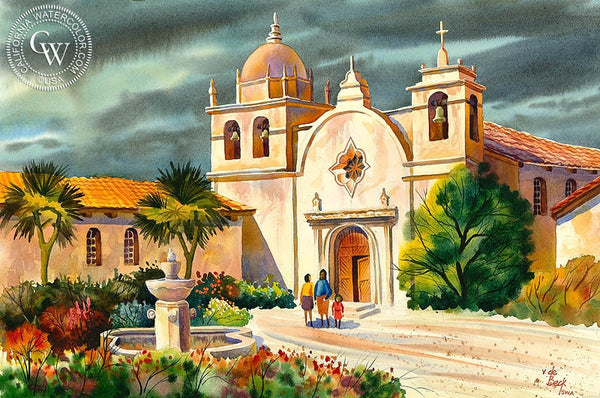 Carmel Mission, California art by Vic de Beck. HD giclee art prints for sale at CaliforniaWatercolor.com - original California paintings, & premium giclee prints for sale