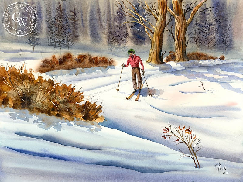 Cross Country Skiing art by Vic de Beck California Watercolor