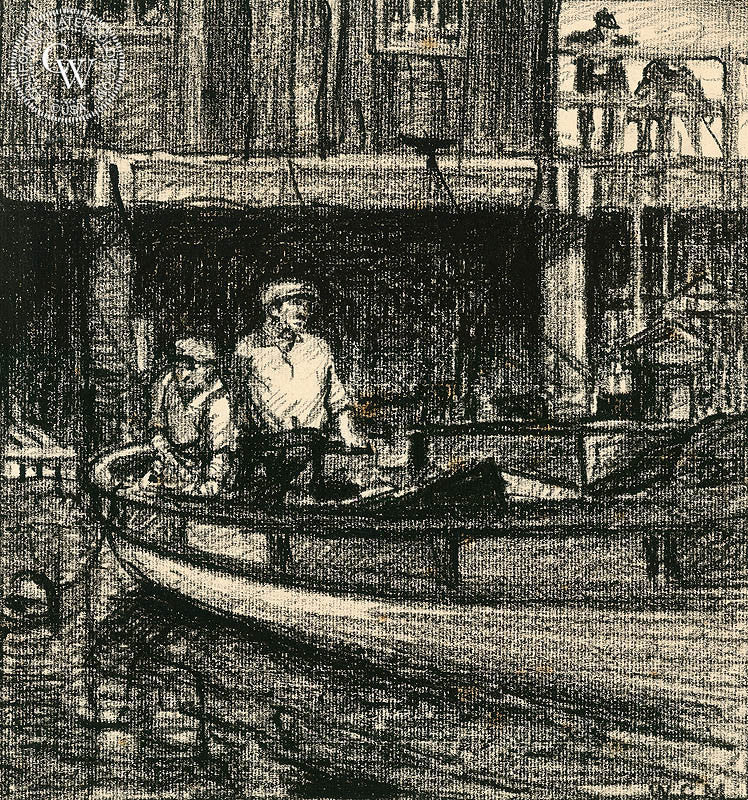 On the Docks, watercolor painting by Warren Chase Merritt  (American art). Fine art giclée print reproduction by California Watercolor for wall decor.