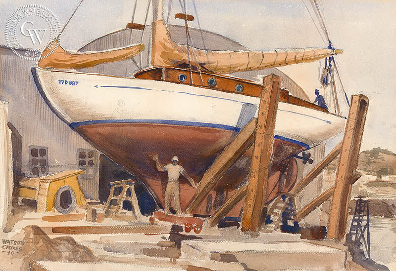 Drydock, 1940, watercolor painting by Watson Cross Jr.  (American art). Fine art giclée print reproduction by California Watercolor for wall decor.