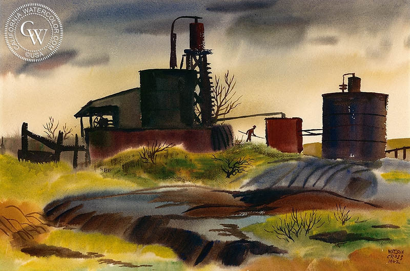 Evening Work, 1942, watercolor painting by Watson Cross Jr.  (American art). Fine art giclée print reproduction by California Watercolor for wall decor.
