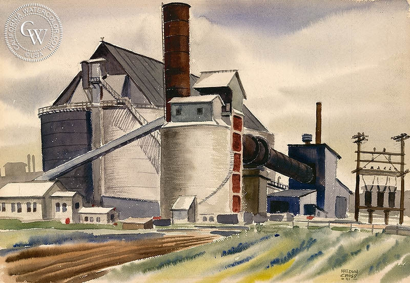 Old Refinery, 1941, watercolor painting by Watson Cross Jr.  (American art). Fine art giclée print reproduction by California Watercolor for wall decor.