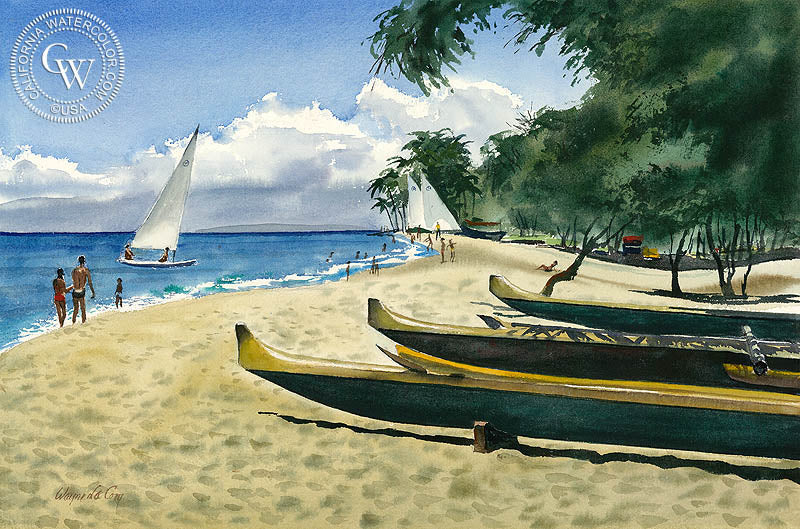 Canoe Beach, watercolor painting by Wayne La Com  (American art). Fine art giclée print reproduction by California Watercolor for wall decor.