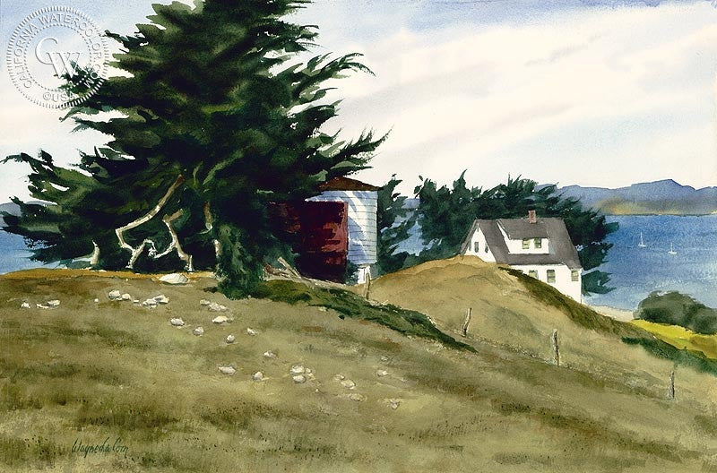Drakes Bay, watercolor painting by Wayne La Com  (American art). Fine art giclée print reproduction by California Watercolor for wall decor.