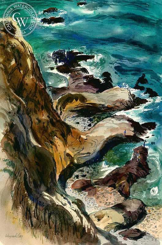 On the Rocks, Palos Verdes, watercolor painting by Wayne La Com  (American art). Fine art giclée print reproduction by California Watercolor for wall decor.