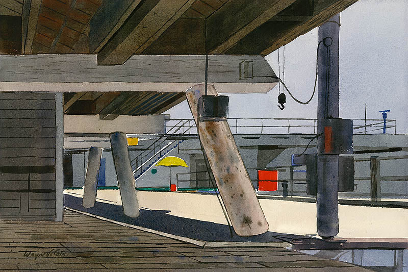 Under the Pier, Santa Monica, watercolor painting by Wayne La Com  (American art). Fine art giclée print reproduction by California Watercolor for wall decor.