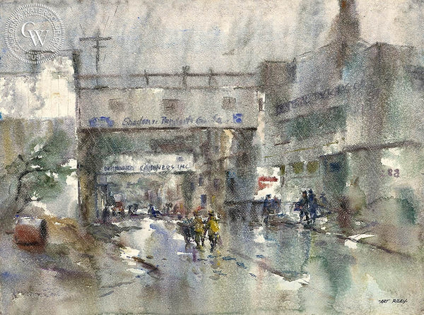 Rainy Day on Cannery Row, Monterey, California art by Art Riley. HD giclee art prints for sale at CaliforniaWatercolor.com - original California paintings, & premium giclee prints for sale