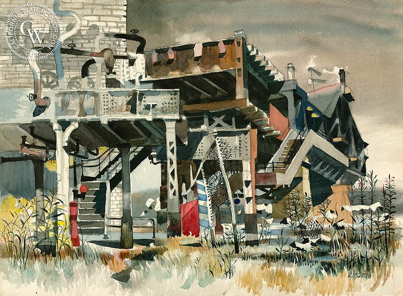 An Old Crossing, The New York EL, c. 1950s, watercolor painting by Dong Kingman  (American art). Fine art giclée print reproduction by California Watercolor for wall decor.