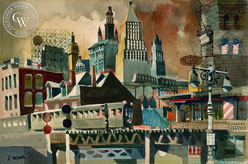 Chatham Street Station, New York, c. 1950, watercolor painting by Dong Kingman  (American art). Fine art giclée print reproduction by California Watercolor for wall decor.