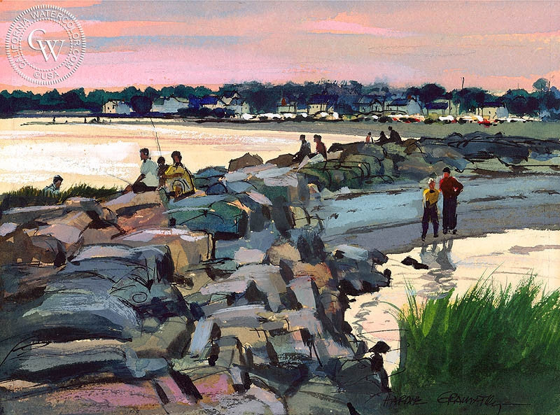 compo art Beach at Compo Sunset, 1970, art by Hardie Gramatky – California Watercolor
