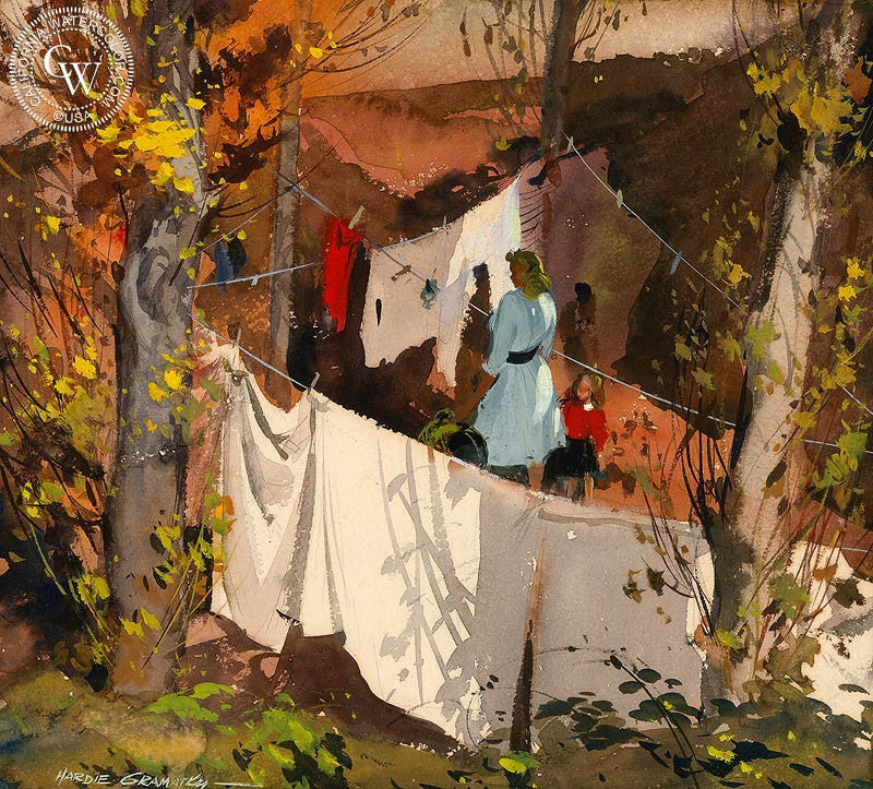 Clothesline, 1945, watercolor painting by Hardie Gramatky  (American art). Fine art giclée print reproduction by California Watercolor for wall decor.