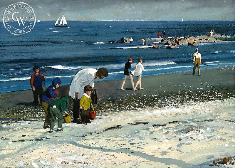 Compo Beach Figures, 1971, watercolor painting by Hardie Gramatky  (American art). Fine art giclée print reproduction by California Watercolor for wall decor.