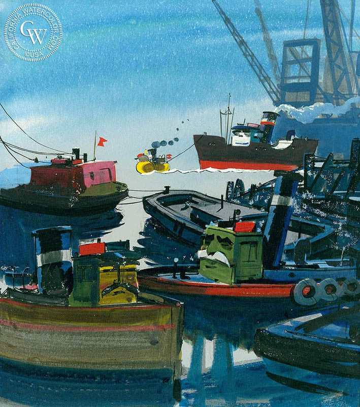 The Old Tugs, watercolor painting by Hardie Gramatky  (American art). Fine art giclée print reproduction by California Watercolor for wall decor.