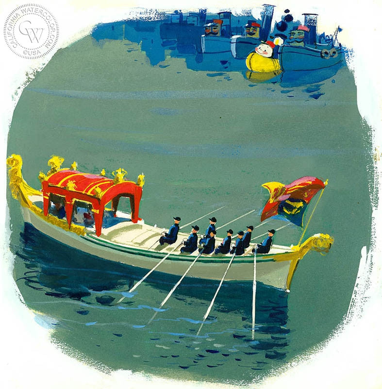 Leading the Flotilla, watercolor painting by Hardie Gramatky  (American art). Fine art giclée print reproduction by California Watercolor for wall decor.