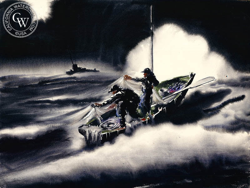 Night Fishing, c. 1930s, watercolor painting by Irv Wyner  (American art). Fine art giclée print reproduction by California Watercolor for wall decor.