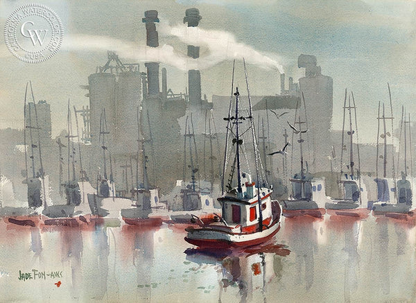 Moss Landing, California art by Jade Fon. HD giclee art prints for sale at CaliforniaWatercolor.com - original California paintings, & premium giclee prints for sale