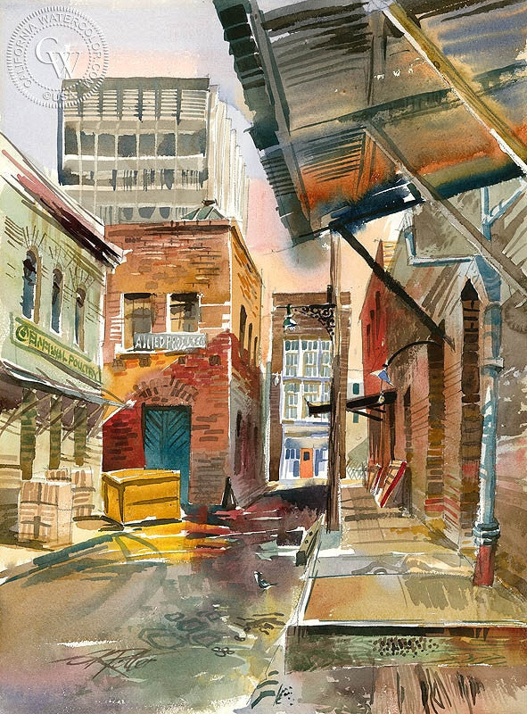 Ceylon Street, 1962, watercolor painting by Ken Potter  (American art). Fine art giclée print reproduction by California Watercolor for wall decor.