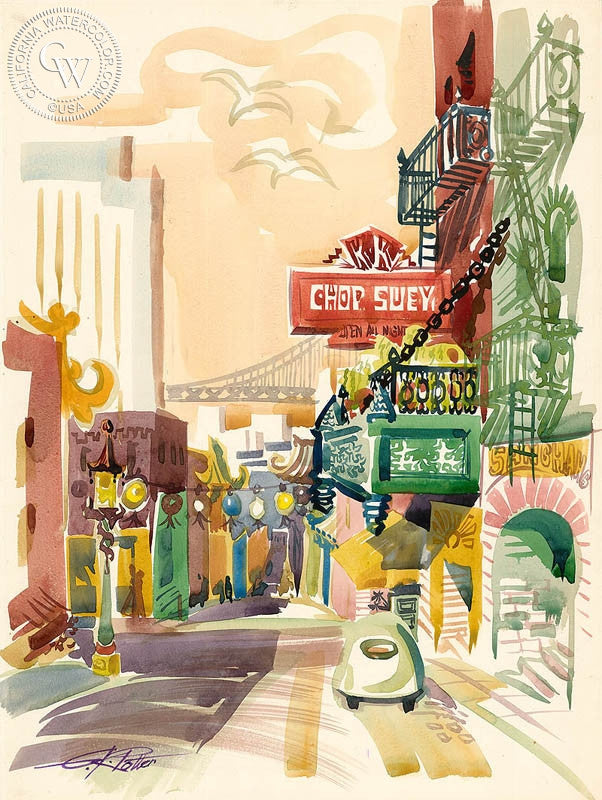 Chop Suey, 1963, watercolor painting by Ken Potter  (American art). Fine art giclée print reproduction by California Watercolor for wall decor.