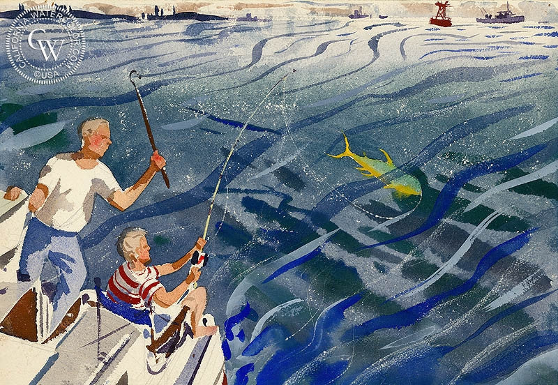 Deep Sea Fishing, watercolor painting by Lee Blair  (American art). Fine art giclée print reproduction by California Watercolor for wall decor.