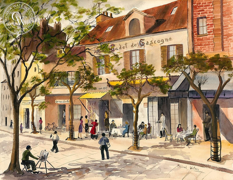 Paris, watercolor painting by Mildred Waters  (American art). Fine art giclée print reproduction by California Watercolor for wall decor.