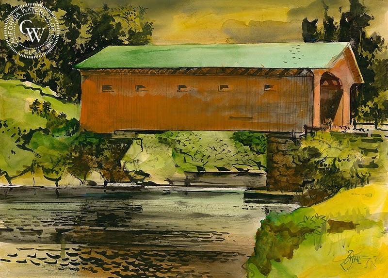 Across the Battenkill, Vermont, 1978, watercolor painting by Milford Zornes  (American art). Fine art giclée print reproduction by California Watercolor for wall decor.