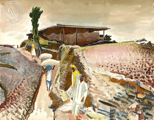 Hill Houses at Khanaspur, India, 1944, California art by Milford Zornes. HD giclee art prints for sale at CaliforniaWatercolor.com - original California paintings, & premium giclee prints for sale