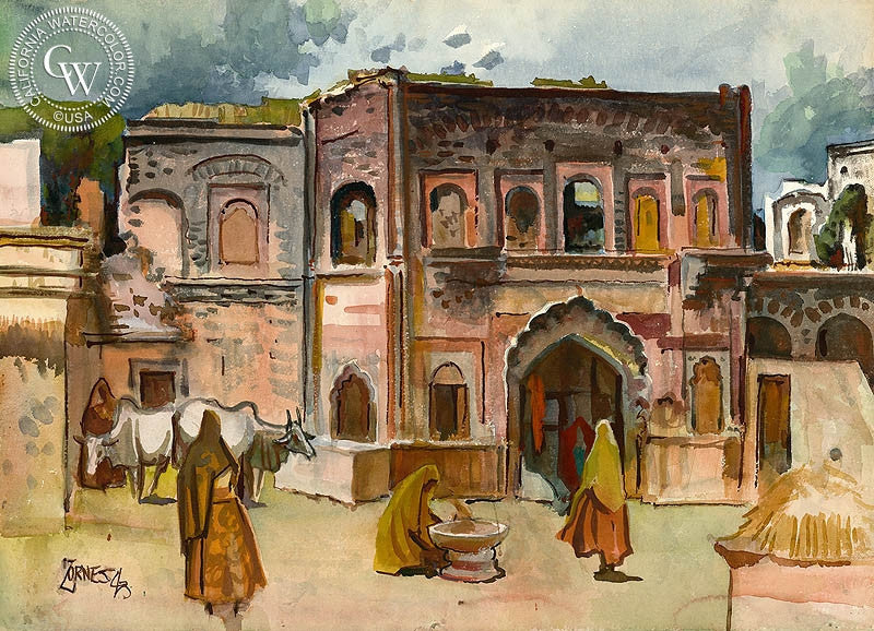 Old City of Delhi, 1943, watercolor painting by Milford Zornes  (American art). Fine art giclée print reproduction by California Watercolor for wall decor.