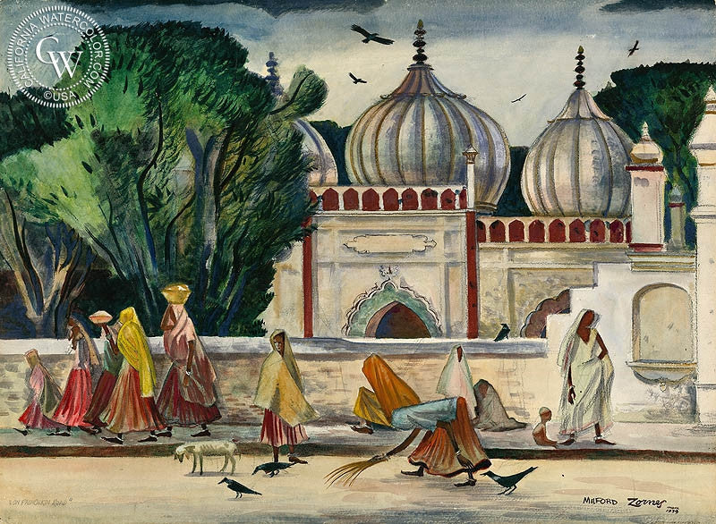 On Panchakki Road, India, 1943, watercolor painting by Milford Zornes  (American art). Fine art giclée print reproduction by California Watercolor for wall decor.
