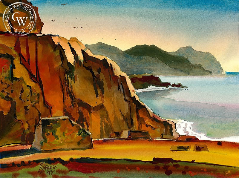 Point Dana, 1991, watercolor painting by Milford Zornes  (American art). Fine art giclée print reproduction by California Watercolor for wall decor.