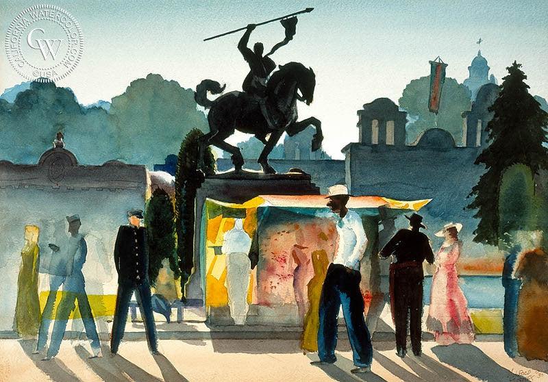 San Diego Exposition, 1935, watercolor painting by Milford Zornes  (American art). Fine art giclée print reproduction by California Watercolor for wall decor.