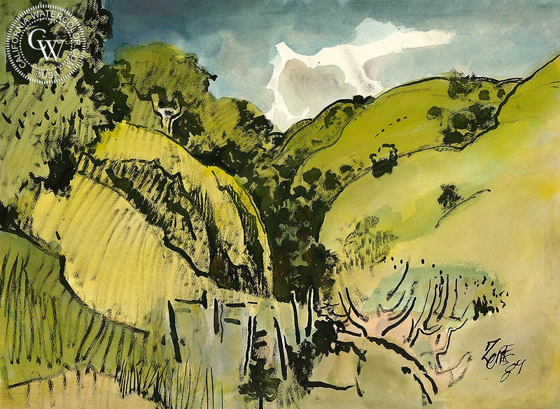 South Hills, 1984, watercolor painting by Milford Zornes  (American art). Fine art giclée print reproduction by California Watercolor for wall decor.