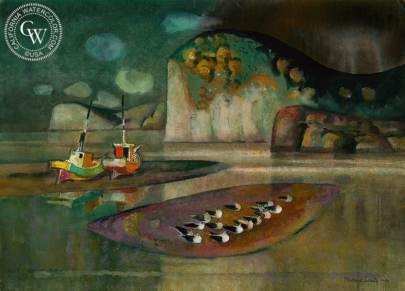 Bodega Bay Evening, 1976, watercolor painting by Millard Sheets  (American art). Fine art giclée print reproduction by California Watercolor for wall decor.