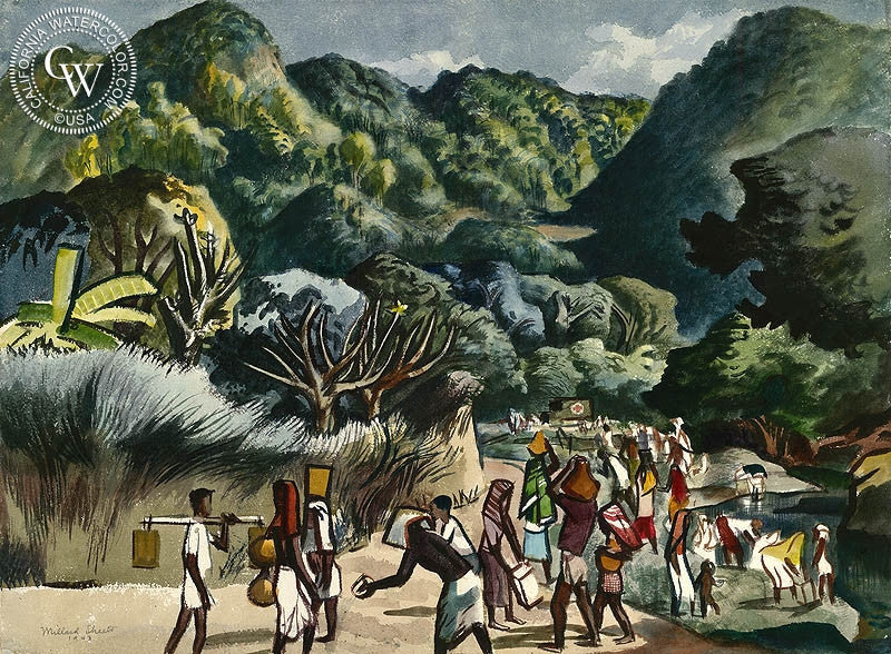 Red Cross, India, 1943, watercolor painting by Millard Sheets  (American art). Fine art giclée print reproduction by California Watercolor for wall decor.
