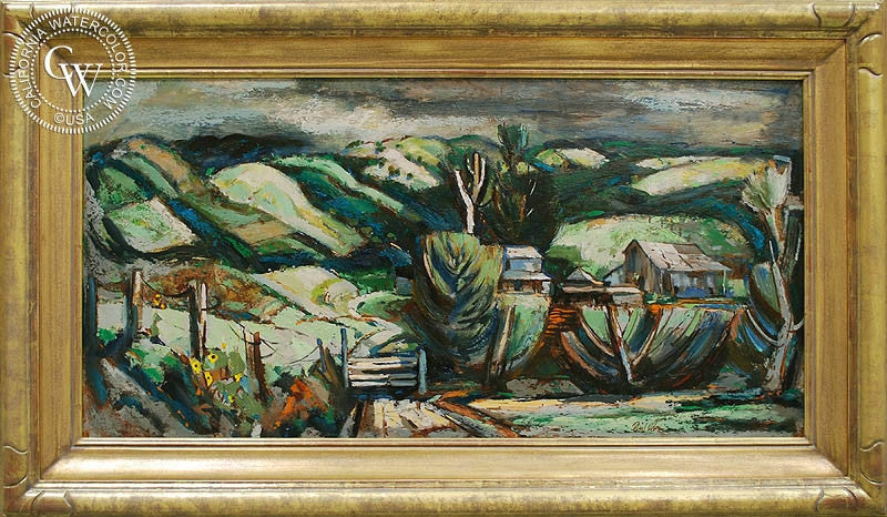 Chino Hills, c. 1940s, oil painting by Phil Dike (American art). Original painting by California Watercolor for wall decor.