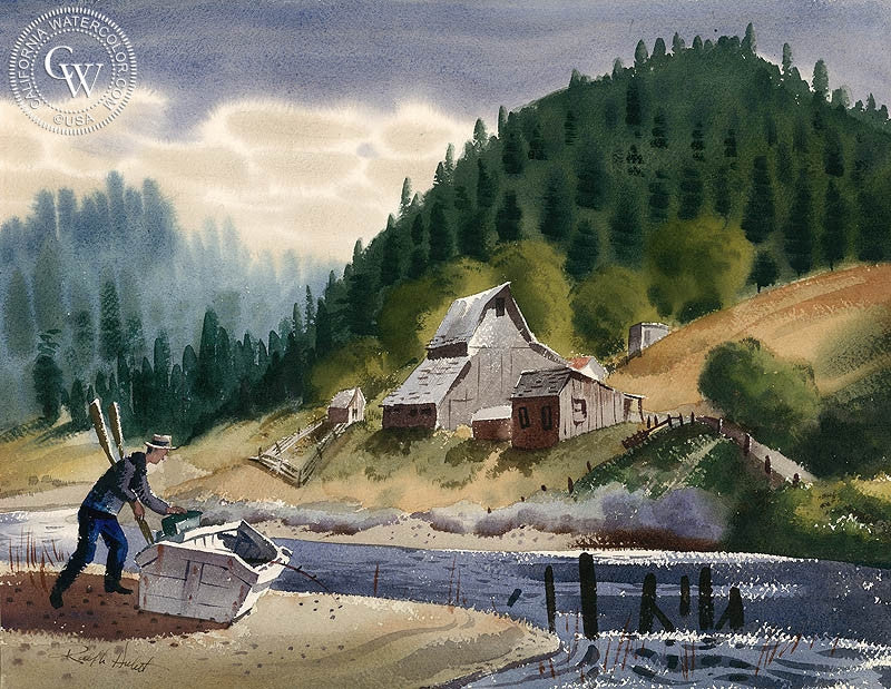 Russian River, South of San Francisco, 1948, watercolor painting by Ralph Hulett  (American art). Fine art giclée print reproduction by California Watercolor for wall decor.