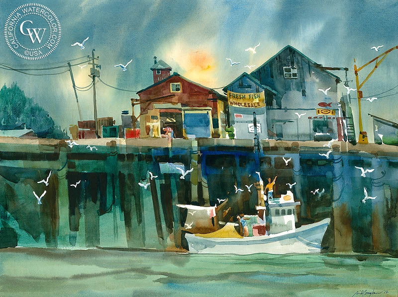 Bringing in the Catch, watercolor painting by Sid Bingham  (American art). Fine art giclée print reproduction by California Watercolor for wall decor.